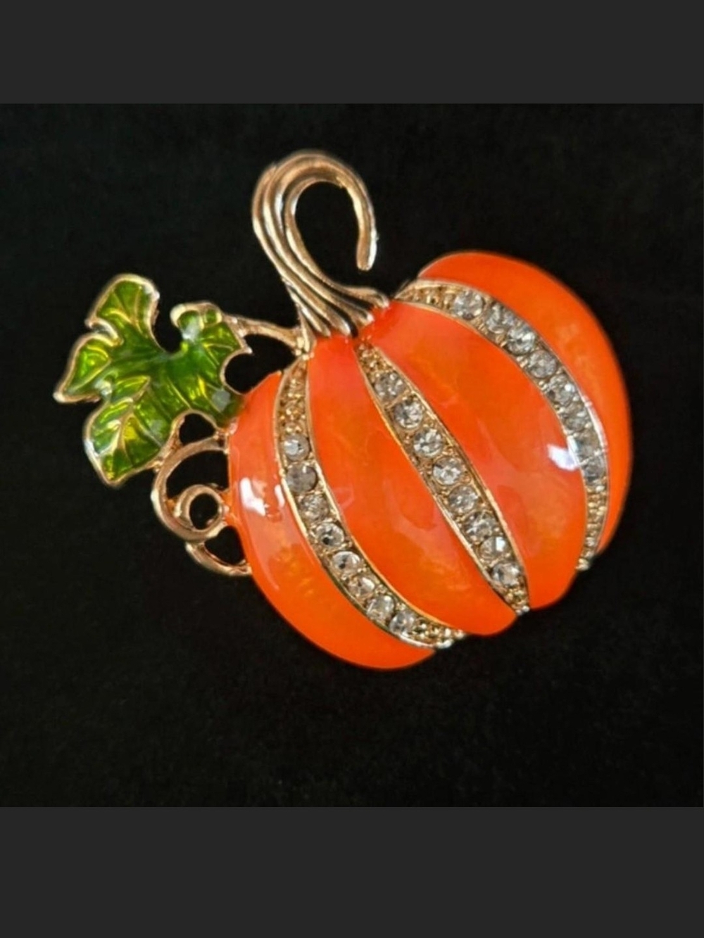 Orange Enamel Pumpkin Brooch with Crystal Accents